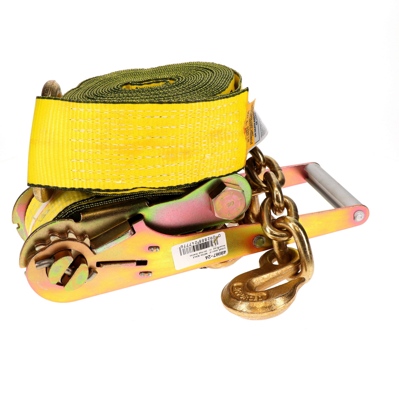 3″ x 30’ Ratchet Strap w/Chain Anchors & Long/Wide Handle