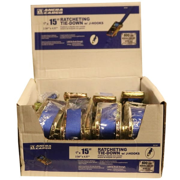 1” x 15’ Blue Ratchet Tie-Down w/J-Hooks, Bulk Bin