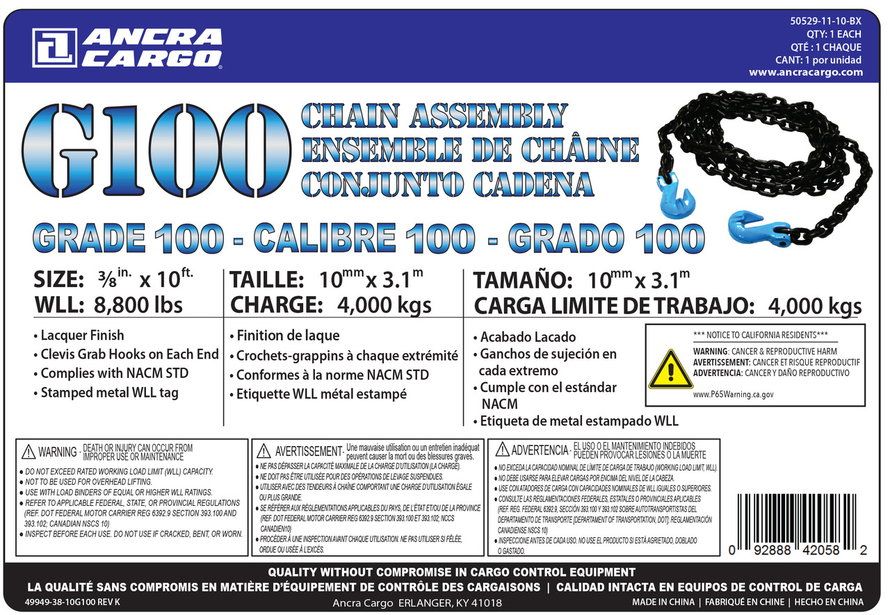 Grade 100 3/8” x 10’ Clevis Hook Chain Assembly