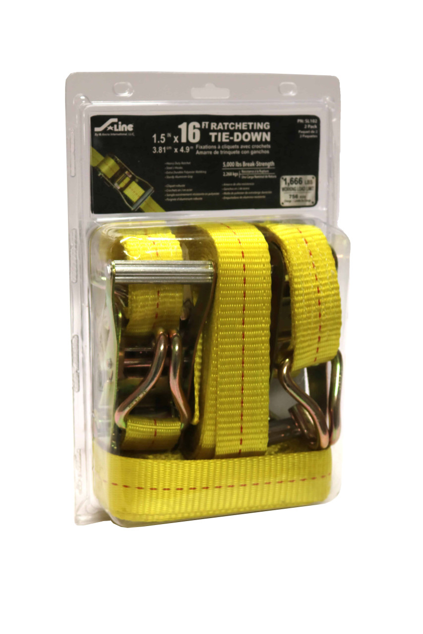 1.5” x 16’ Industrial Ratchet Tie-Down w/J-Hooks, 2 Pack