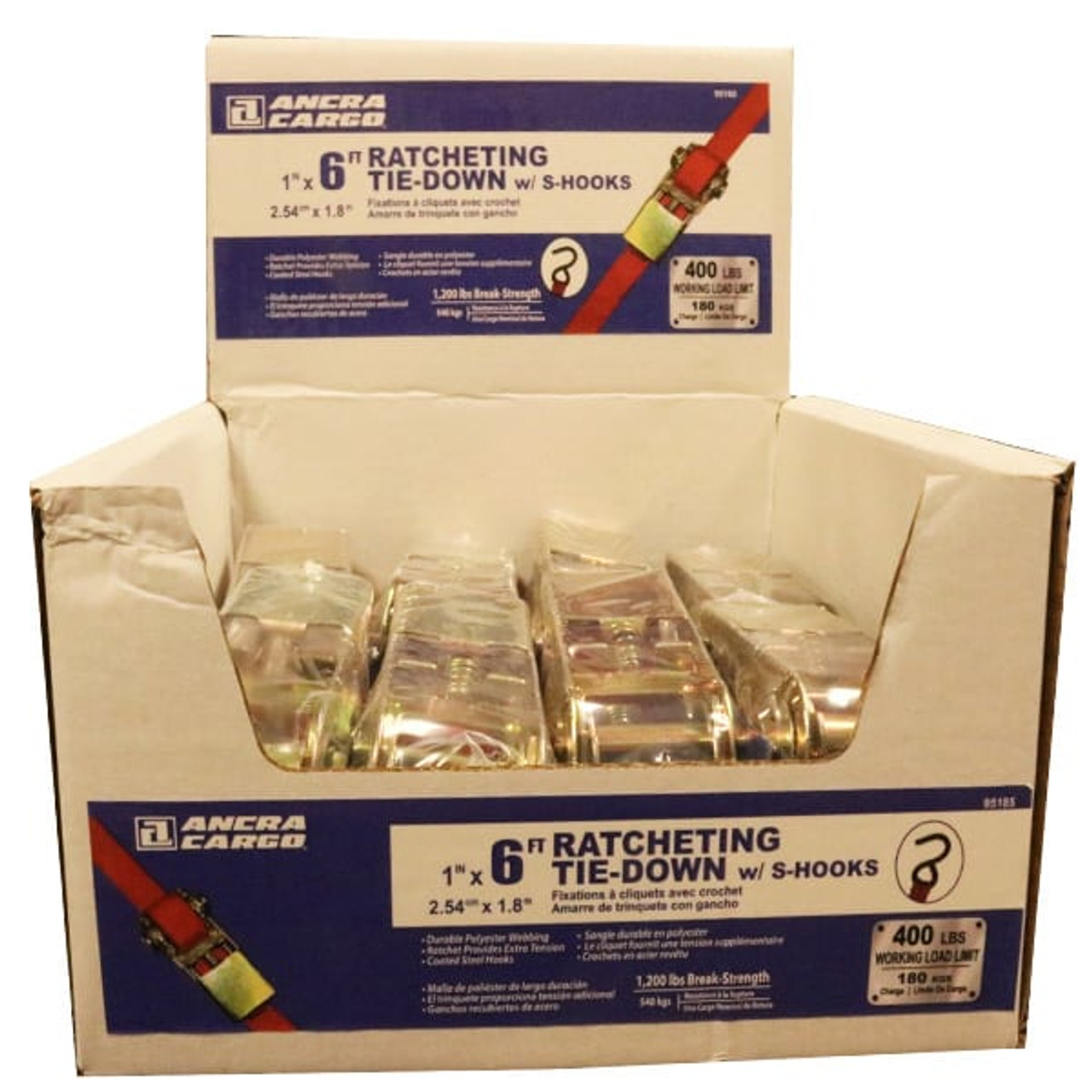 1” x 6’ Red Ratchet Tie-Down w/S-Hooks, Bulk Bin