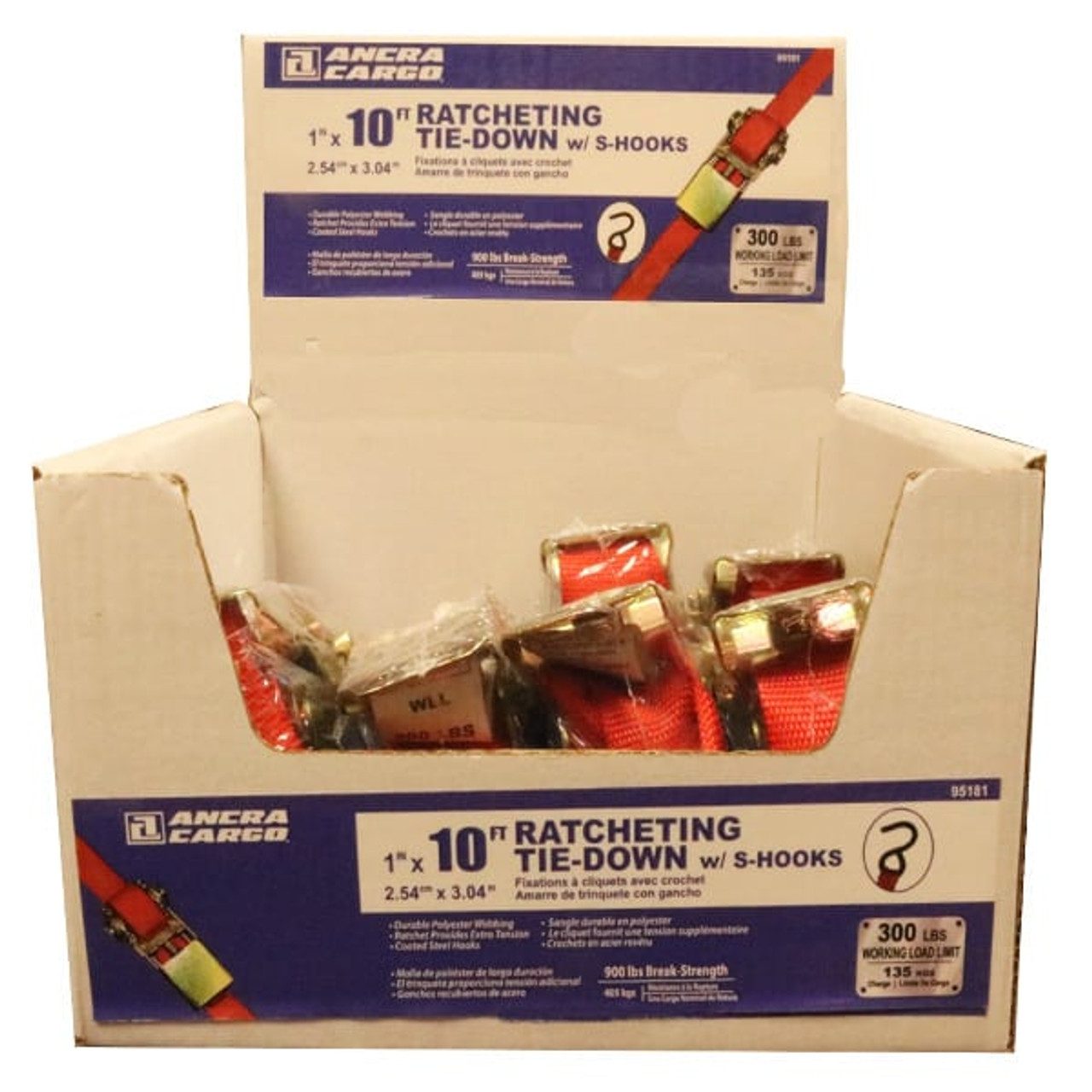 1” x 10’ Red Ratchet Tie-Down w/S-Hooks, Bulk Bin