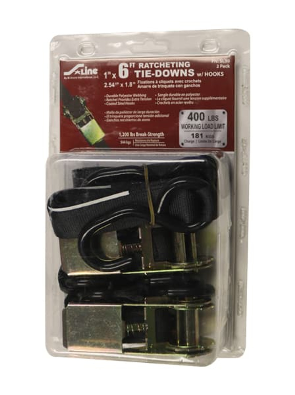 1” x 6’ S-Hook Ratchet Tie-Down, Clamshell, 2 Pack