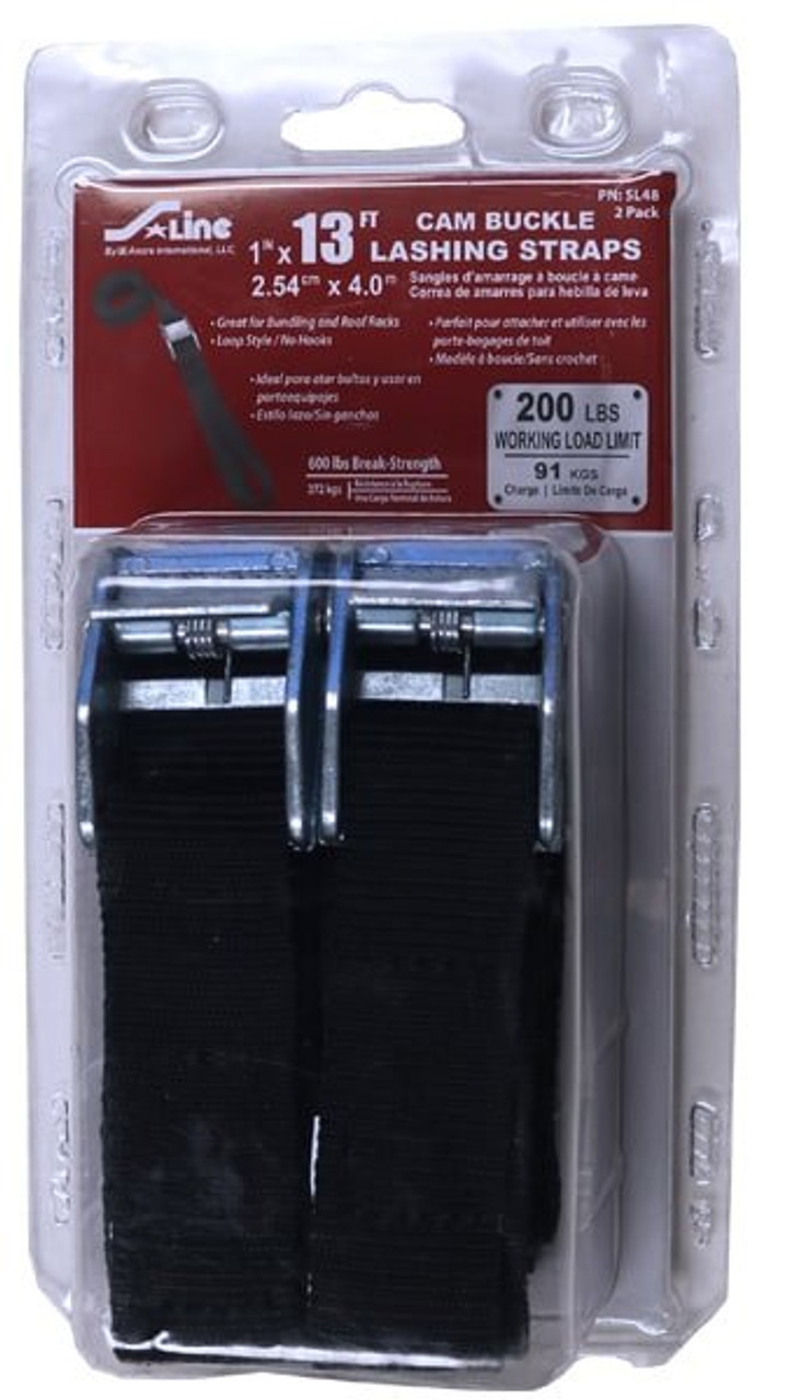 1″ x 13′ Mini Cam Buckle Lashing Straps, 2 Pack Clamshell