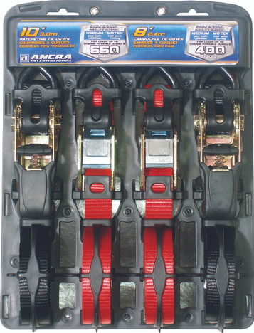 Ratcheting & Cam Buckle Tie-Down 4 Pack w/S-Hooks