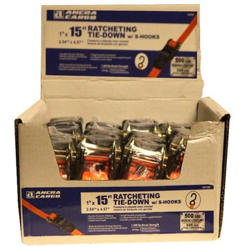1” x 15’ Orange Ratchet Tie-Down w/S-Hooks, Bulk Bin