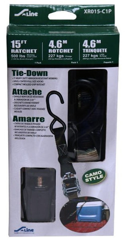 1” x 15’ Commercial Grade S-Hook Ratchet Tie-Down, Camo Web
