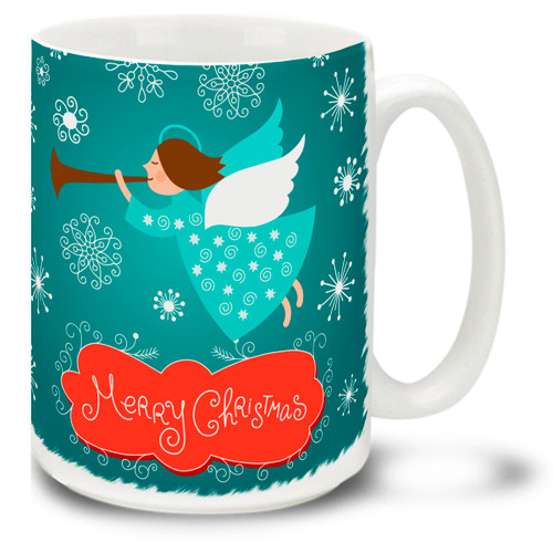 Take a flight of fancy with this Christmas Traditions Snow Angel mug! Trumpet in the holidays with a cheery Merry Christmas message on this 15 oz Christmas Angel Mug. Durable, dishwasher and microwave safe coffee cup makes a welcome gift for the holidays!