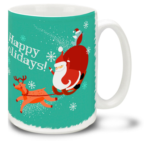 Santa takes to the air with a souped-up reindeer on this Christmas Funky Santa Happy Holidays mug! Bright colors and a general cheery Happy Holidays message make this 15 oz Santa Mug special. Durable, dishwasher and microwave safe coffee cup makes a welcome gift for the holidays!