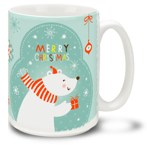 Sweet polar bear brings a warm greeting on this Christmas Funky Santa Polar Bear mug! Bright colors and a traditional Merry Christmas message make this 15 oz Christmas Bear Mug special. Durable, dishwasher and microwave safe coffee cup makes a welcome gift for the holidays!