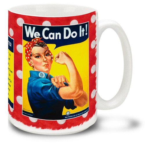Rosie the Riveter is a cultural icon of the United States, representing the American women who worked in factories during World War II, many of whom produced munitions and war supplies. Let them know YOU can do it with this colorful Rosie the Riveter coffee mug. 15oz mug is durable, dishwasher and microwave safe.
