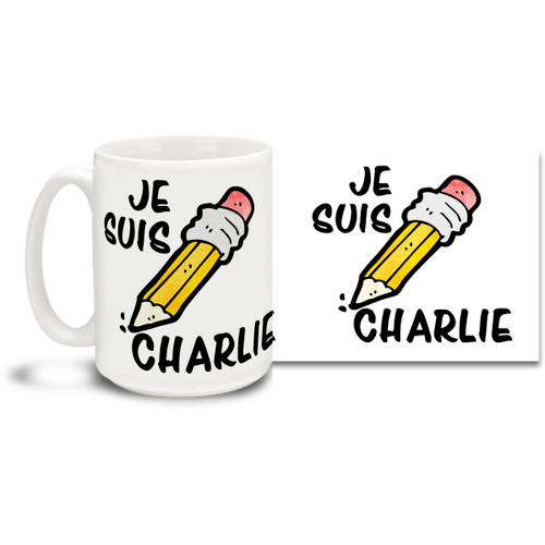 Stand with the voice of freedom and those who lost their lives in the attack on France's Charlie Hebdo offices with a Je Suis Charlie mug with the mighty pencil and modern styling. Translated this mug says "I Am Charlie"! Join the call for freedom of expression with this timely Je Suis Charlie coffee mug. 15oz mug is durable, dishwasher and microwave safe.