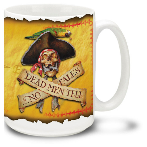A stern pirate warning, complete with skull and crossbones and talkative parrot on this Pirate Coffee Mug. By famed pirate and adventure artist Don Maitz. 15oz Pirate Mug is dishwasher and microwave safe.