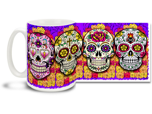 Bright and snappy purple theme, pretty flowers and four different vivid sugar skulls make this Day of the Dead skull mug a keeper! Skulls coffee mug is durable, dishwasher and microwave safe.