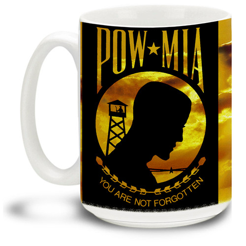 Show your pride in the United States Military with this design honoring United States military personnel taken as prisoners of war (POWs) or listed as missing in action (MIA) on a vivid POW/MIA Coffee Mug. 15oz POW/MIA Mug is dishwasher and microwave safe.
