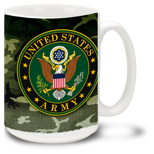 Show your pride in the United States Army with this Army coffee mug with approved crest on woodland camouflage. 15oz Army Mug is dishwasher and microwave safe.