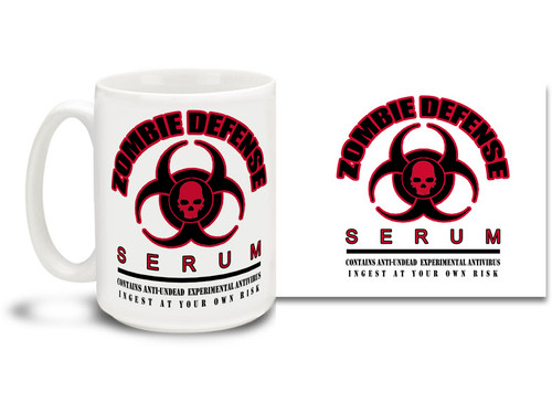 Preparing for a Zombie Apocalypse? This awesome mug is essential survival gear! 
15oz coffee mug is durable, dishwasher and microwave safe.