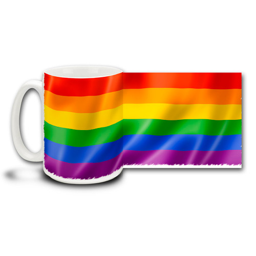 Fly your flag proud and high! Rainbow flag celebrates LGBT lifestyles and the mind-boggling effects of prisms as well. Rainbow colored 15oz coffee mug is dishwasher and microwave safe.