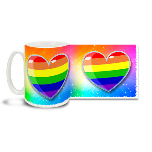 These are days for a happy heart! Rainbow hearts celebrate LGBT lifestyles and love. Big 15-ounce ceramic coffee mug has comfortable 4-finger handle.