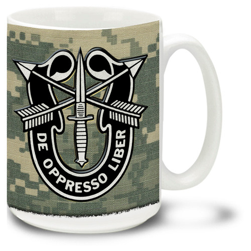 Show your pride in the United States Army with this Special Forces De Oppresso Liber emblem and patch Army Mug on Digital Camo. 15oz Army Special Forces Mug is dishwasher and microwave safe.