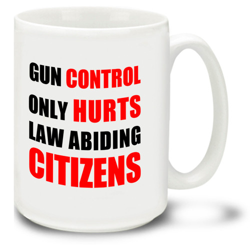 Enjoy your coffee while showing your views on gun control with this Gun Control Only Hurts mug! The 15-ounce ceramic Gun Control Only Hurts coffee mug has a comfortable 4-finger handle and is dishwasher and microwave safe.