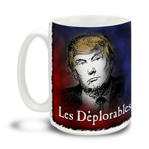 Too proud not to wear an insult as a badge of honor, Donald Trump supporters are a special breed! This Les Deplorables Donald Trump mug is a hat tip to a popular Broadway play and is durable, dishwasher and microwave safe. Big 15-ounce ceramic coffee mug has comfortable 4-finger handle.