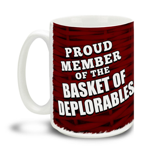 Too proud not to wear an insult as a badge of honor, Donald Trump supporters are a special breed! This All-American Donald Trump Proud Member of the Basket of Deplorables mug is durable, dishwasher and microwave safe. Big 15-ounce ceramic coffee mug has comfortable 4-finger handle.