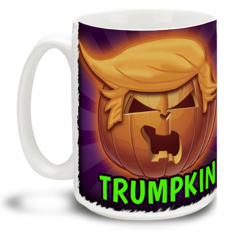 This Donald Trumpkin Halloween Pumpkin mug is dishwasher and microwave safe. Perfect for pumpkin spice coffee. Big 15-ounce ceramic coffee mug has comfortable 4-finger handle.