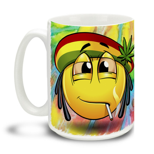 Lively yourself up with this cute Rasta Emoti-Mon. Delightful marijuana theme makes this the perfect leisure-time mug. Durable, dishwasher and microwave safe big 15-ounce ceramic coffee mug with comfortable 4-finger handle.