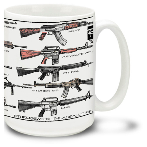Get an assault rifle mug and have a selective fire rifle that can be used as an automatic, semi-automatic and burst fire weapon on your coffee mug. Featuring popular assault rifles such as the StG 44, AK-47, M16 rifle, QBZ-95, FAMAS, Heckler & Koch G36 and Enfield SA80.