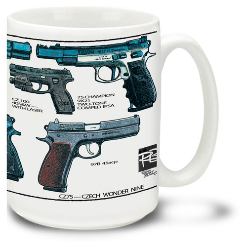 CZ 75 Pistol coffee mug. CZ75 mug is dishwasher and microwave safe and holds 15 ounces.