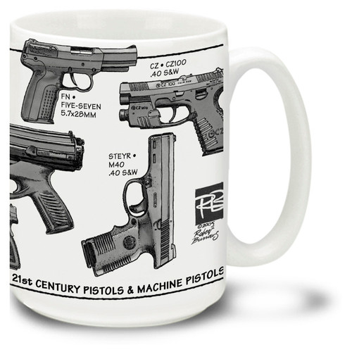 Want a Glock mug? How about a Steyr coffee mug or a Beretta mug? Also a Springfield coffeemug, a Walther mug and Heckler & Koch coffee mug all rolled into one! This innovative modern pistols mug showcases the best of modern hand gun technology.
