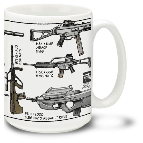Modern Assault Rifle coffee mug features many modern personal defense weapons. Modern Assault Rifle mug is dishwasher and microwave safe.