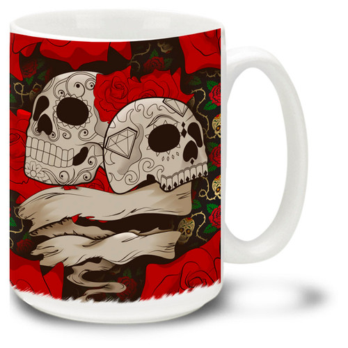 Tattoo style roses and skulls make this mug a great Day of the Dead item! Customize it with your name or saying for only $3.