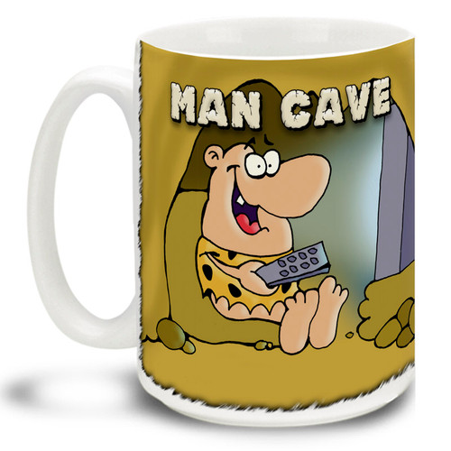 Enjoy coffee in your "Man Cave" with this Man Cave mug! Clever cartoon caveman knows how to enjoy life on our man cave coffee mug.