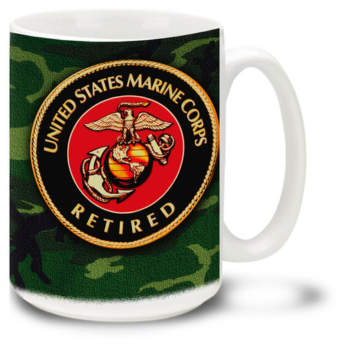 United States Marine Corps Retired on Woodland Camo coffee Mug shows your old school pride. USMC Retired mug features official Marines emblem.