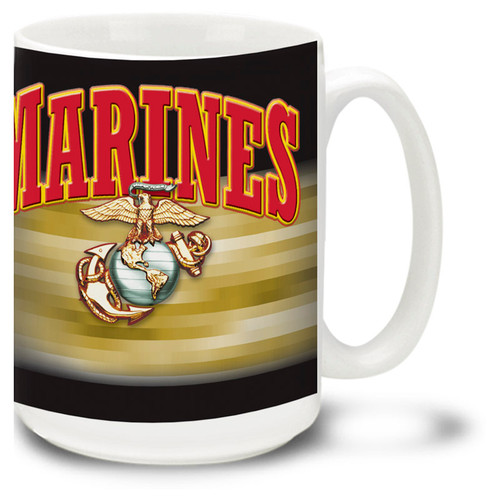 United States Marine Corps coffee mug with Marines text in Bold Red on Black. Marines mug features official USMC EGA symbol. United States Marine Corps coffee mug with Marines text in Bold Red on Black. Marines mug features official USMC EGA symbol.