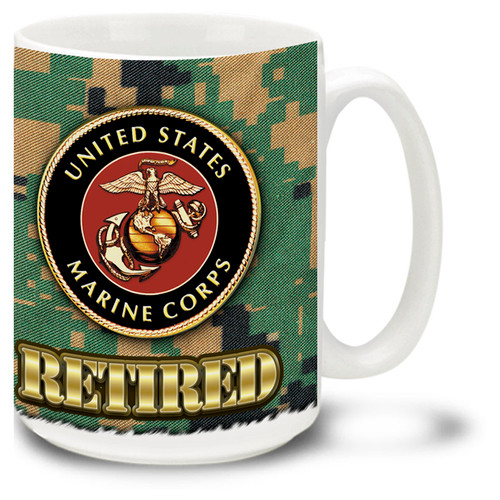 United States Marine Corps Retired coffee mug on Marines Digital Camo. This Marines mug features official USMC emblem.