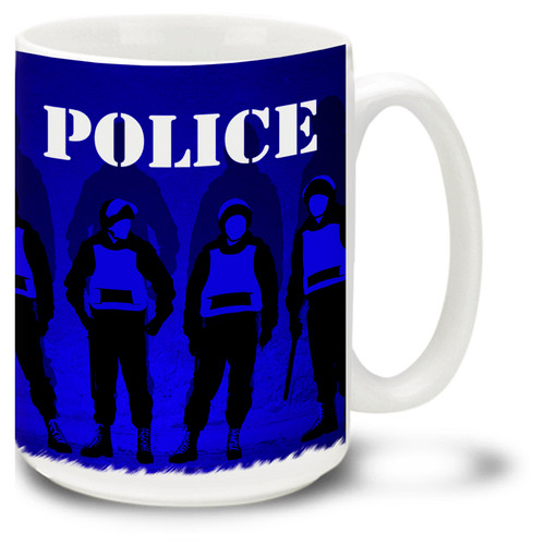 Police Mug featuring peace officers in full riot gear and Police stencil! Police Coffee Mug is dishwasher and microwave safe.