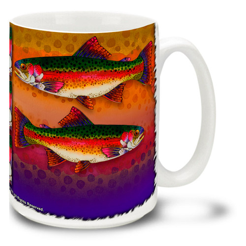Do you love trout fishing? Then you might love this Colorful Rainbow Trout Coffee Mug? Featuring a colorful trout watercolor, this vivid Trout Mug is dishwasher and microwave safe and celebrates fishing mug holds 15oz. of your favorite beverage.