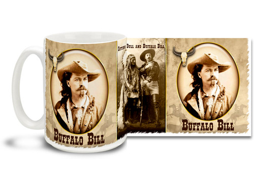 William Frederick "Buffalo Bill" Cody was an American soldier and Wild West showman. Start your biggest days with a Buffalo Bill Cody Mug! Featuring historic photos of Buffalo Bill and Sitting Bull, this Buffalo Bill coffee Mug is durable, dishwasher and microwave safe.