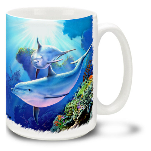 Magical underwater dolphins mug features vivid blues and reef colors. Underwater Dolphins Coffee Mug is dishwasher and microwave safe.