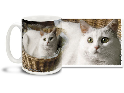 A plush and fluffy white kitty makes the perfect fashion accessory, unless you're wearing black! Sip your java from a pretty white kitty cat mug. Fluffy white kitty cat coffee mug is durable, dishwasher and microwave safe.