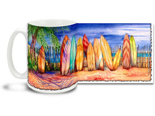 Magic Hour Sunset Hues adorn this Surfboards surfing mug! Surf Board Coffee Mug features colorful boards and a vivid surf coastline and is dishwasher and microwave safe.