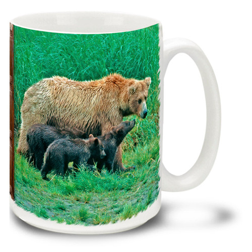 Brown bear cubs stay with their mamas for up to four and a half years, learning about life and how to fend for themselves. Mother bears will fiercely defend their cubs! Embolden your brew with this Mama Bear Coffee Mug. 15oz Mother Bear coffee mug is durable, dishwasher and microwave safe.
