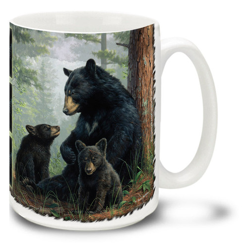 Black bears enjoy their cool forest surroundings, and this bear family is no exception. A mama bear seems to be talking directly to her young cup on this popular Black Bear Mug. Black Bear and Cub coffee mug is dishwasher and microwave safe. Black bears enjoy their cool forest surroundings, and this bear family is no exception. A mama bear seems to be talking directly to her young cup on this popular Black Bear Mug. Black Bear and Cub coffee mug is dishwasher and microwave safe.
