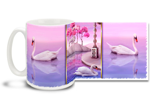 What could be more romantic than a beautiful swan on a colorful pink and lavender day? Get to the heart of the matter with this swan themed romantic mug. Pink and Lavender Swan romantic coffee mug is durable, dishwasher and microwave safe.