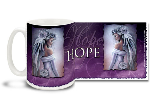 Hope springs eternal, find the source of your hope with this Hope Forgiveness Angel mug. Cool purple tones Hope Forgiveness Angel coffee mug is durable, dishwasher and microwave safe.