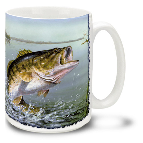 One of the joys of fly fishing is watching a trophy catch leap and break the surface! This Large Mouth Bass Fishing Coffee Mug is a trophy in itself! Colorful and vivid Bass Fishing Mug is dishwasher and microwave safe and celebrates fishing mug holds 15oz. of your favorite coffee.