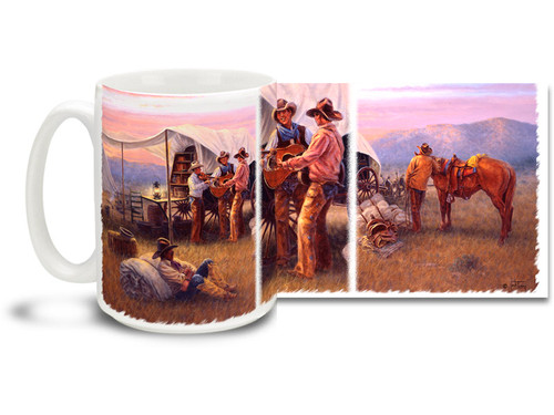 We're not picky, we like both kinds of music - Country AND Western. Sing a cheerful morning song with this singing cowboys mug! Chuckwagon Serenade Cowboys coffee Mug is durable, dishwasher and microwave safe.